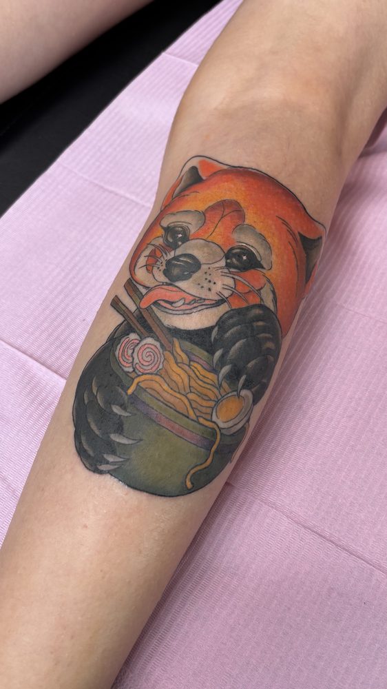 Neo-traditional red panda holding a steaming bowl of ramen