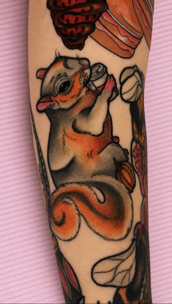 Neo-traditional squirrel enjoying a drink, part of a dessert sleeve